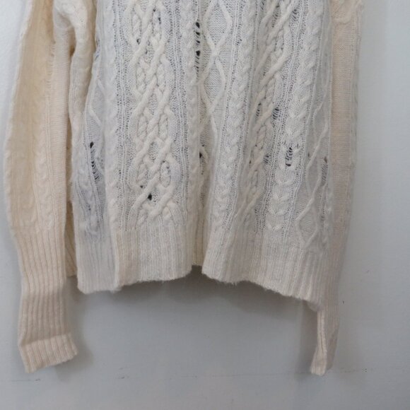 Free People Size Medium Distressed Cable Knit Sweater Ivory Destroyed Funnel - Picture 3 of 7